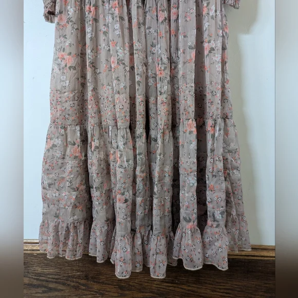 NWT Ivy City Co Brown Tan Neutral Floral Long Sleeve Midi Dress S Small - Picture 2 of 5